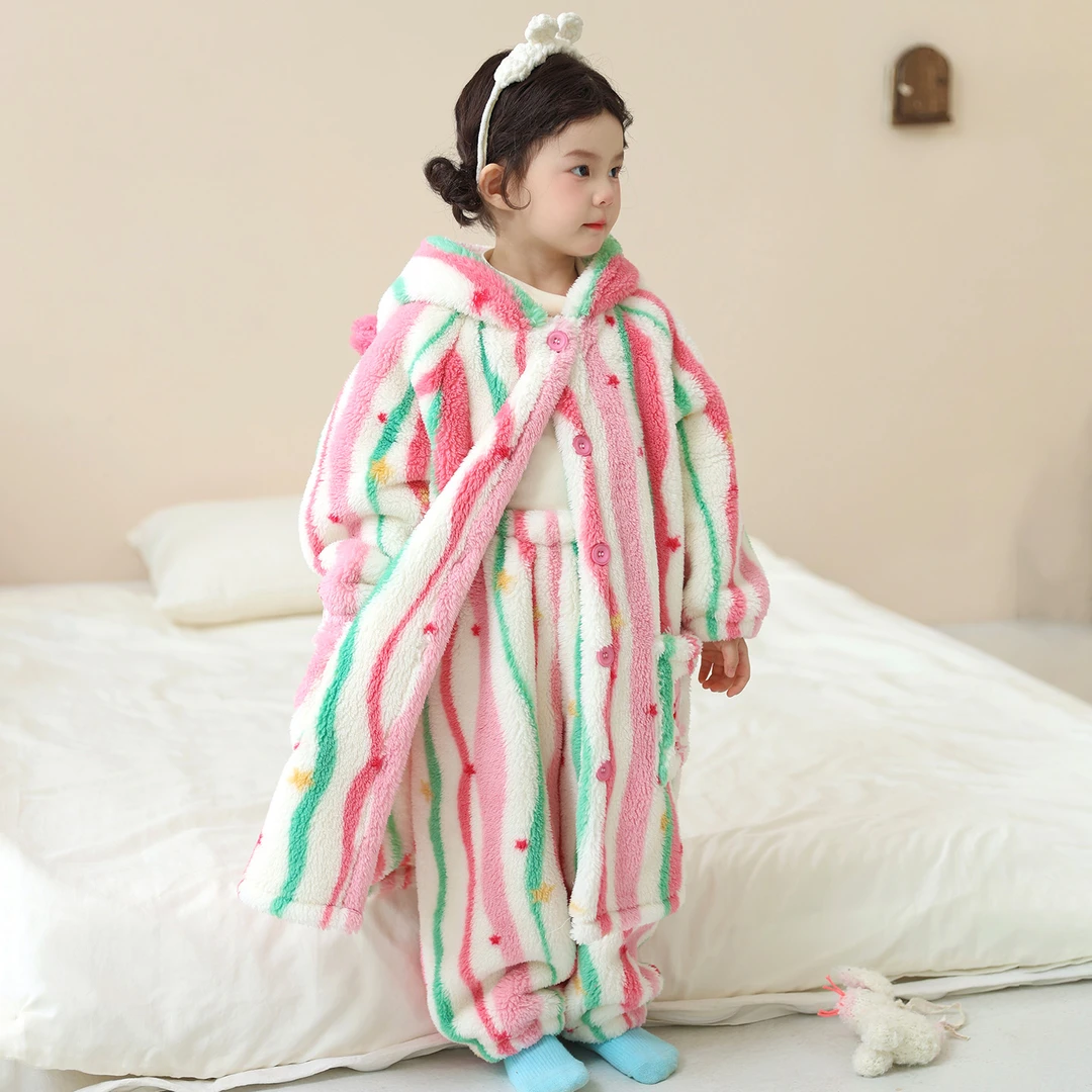 儿童睡袍宝宝可穿式浴巾连帽睡衣女孩秋冬款法兰绒珊瑚绒浴袍套装