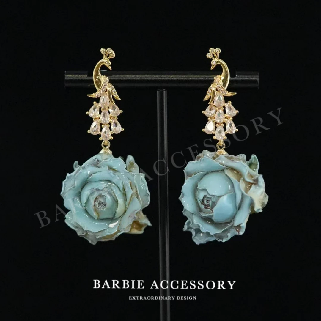 铜合金合成锆石耳饰 【孔雀玫瑰】法式既视设计款高级感绝美耳环