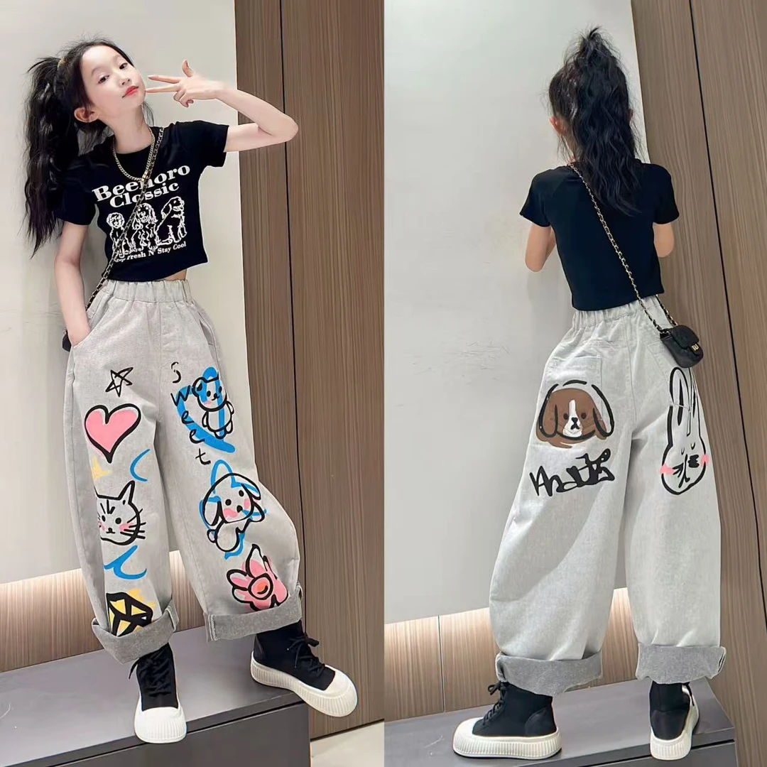 女童短袖t恤薄款高级感上衣2025新款夏装儿童衣服短款涂鸦牛仔裤
