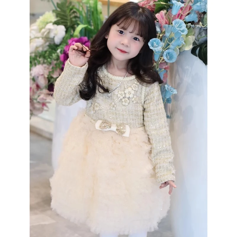女童高端连衣裙秋冬季加绒洋气丝绒蓬蓬纱裙子儿童公主裙生日礼服