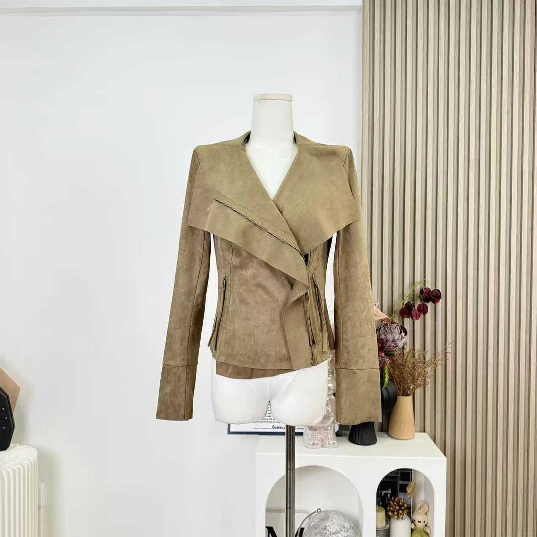 气质拽姐大翻领麂皮修身收腰短外套不规则设计感外穿上衣