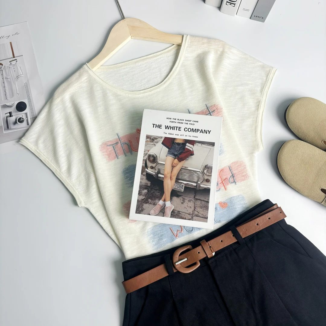 玲姐定制-刺绣字母款小飞袖宽松休闲薄款微透针织短袖112620