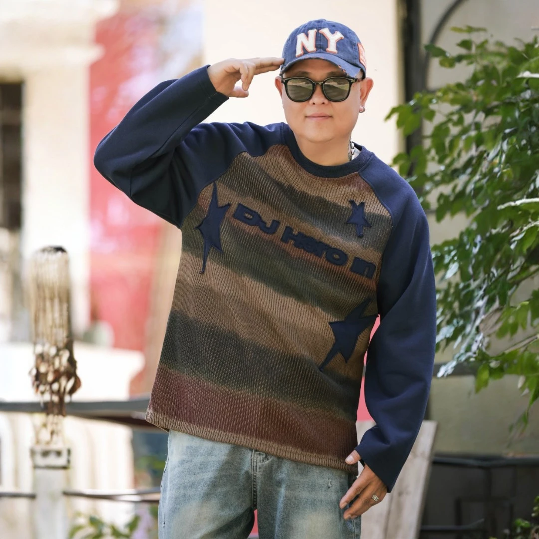 徐天霸大码针织拼接宽松百搭简约卫衣显瘦帅气连帽外套潮胖子