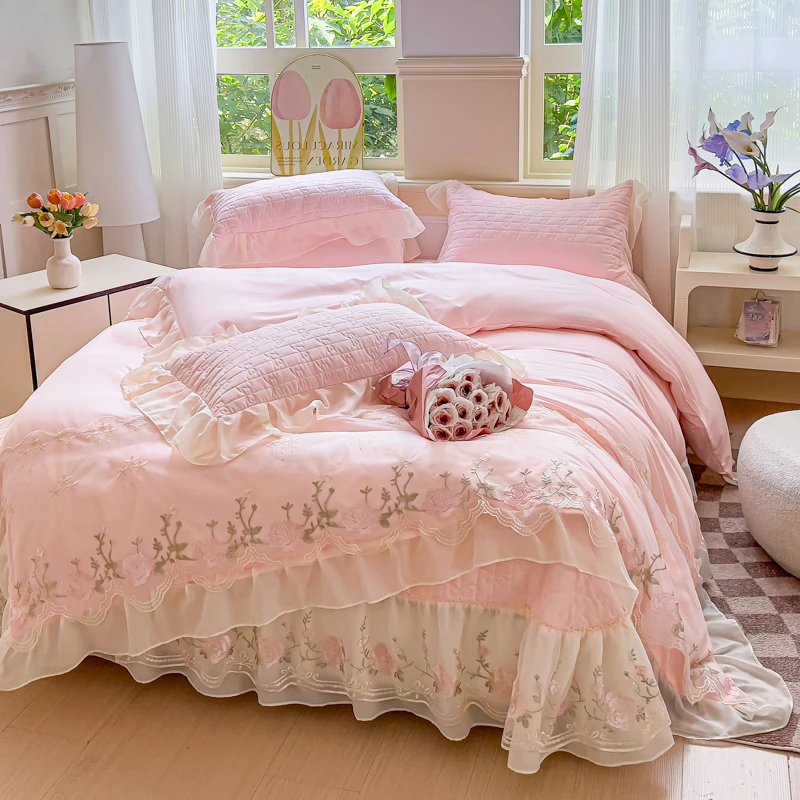法式轻奢风多功能被套四件套蕾丝花边被套夹棉防滑床盖二合一夏被