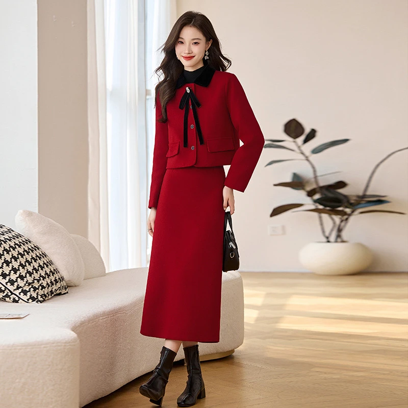 小香风名媛气质毛呢套装裙2025秋冬新款加厚中长款半身裙两件套