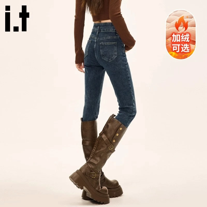 i.t:CHOCOOLATE高腰加绒牛仔裤女款秋冬新款小个子显瘦紧身铅笔裤