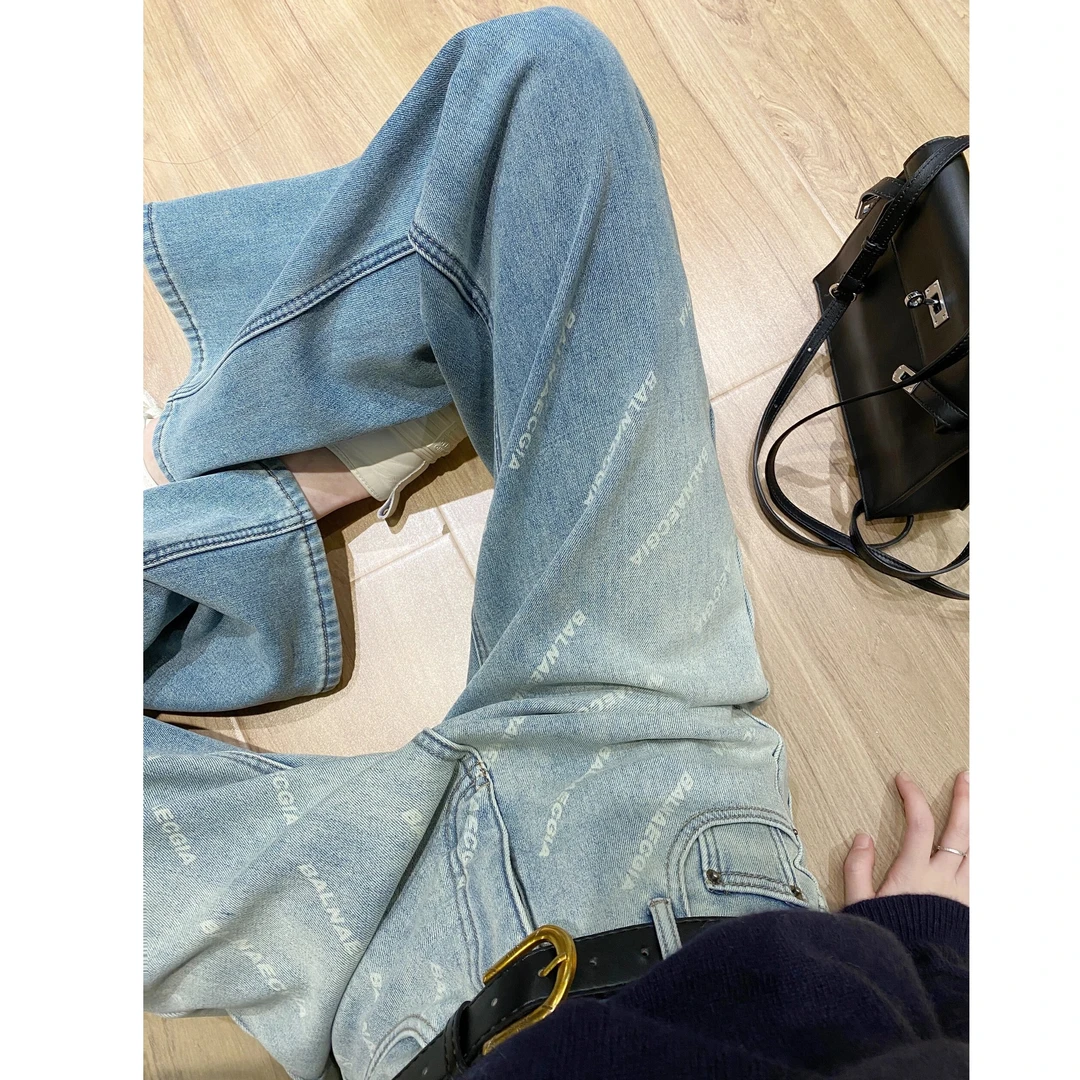 美式复古牛仔裤字母设计感时尚百搭直筒裤秋冬款加绒加厚阔腿裤子