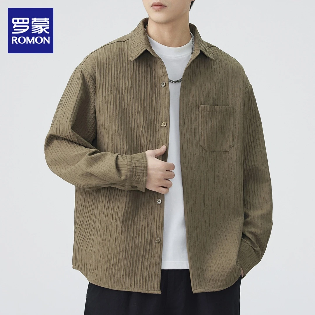 罗蒙男士长袖衬衫2025年秋季新款褶皱肌理感上衣服休闲衬衣男装