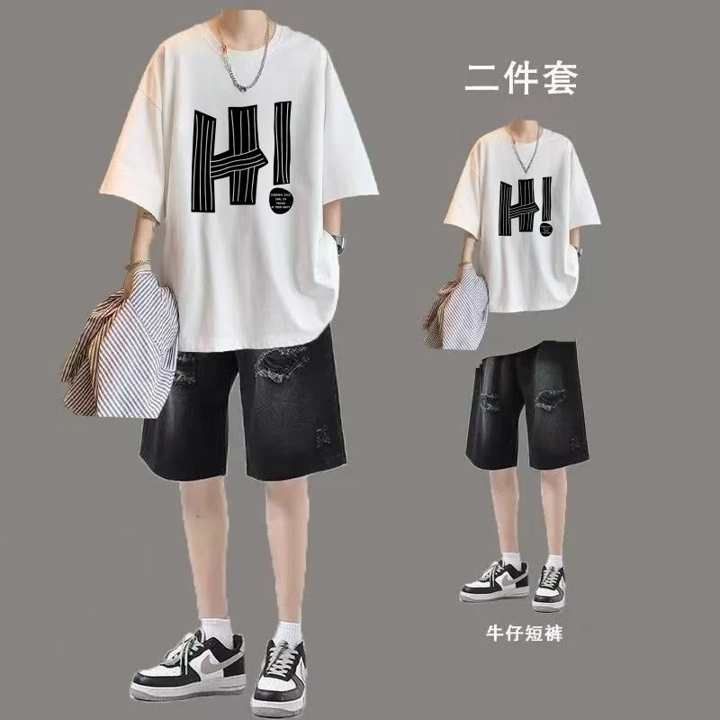 美式高街短袖t恤男生夏季套装ins潮牌高级感青少年酷帅穿搭一整套