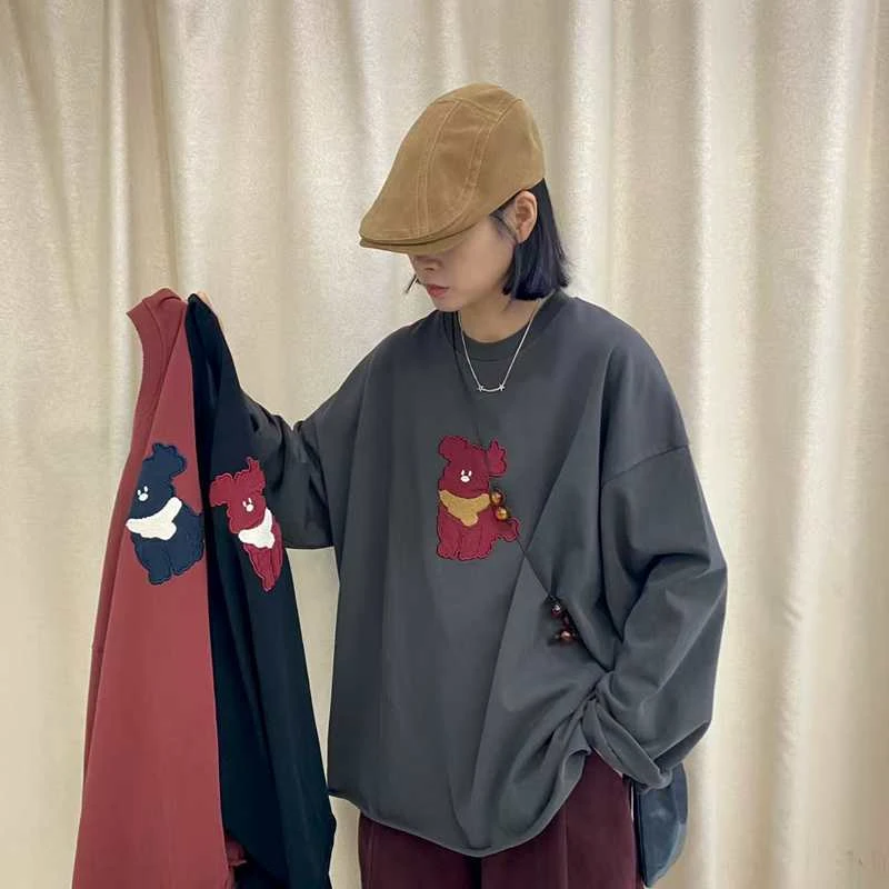 TY53829韩系慵懒风卫衣圆领休闲宽松大码纯棉卡通刺绣贴布秋季新