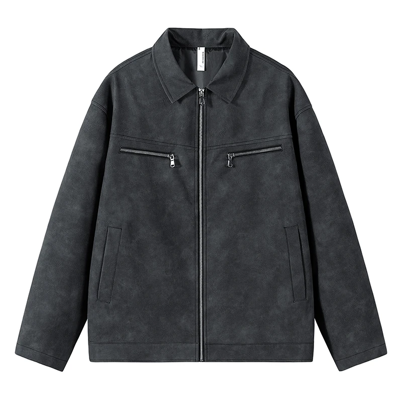 PAULASARA 秋冬季PU皮皮衣男士休闲简约潮流翻领工装渐变暗纹外套