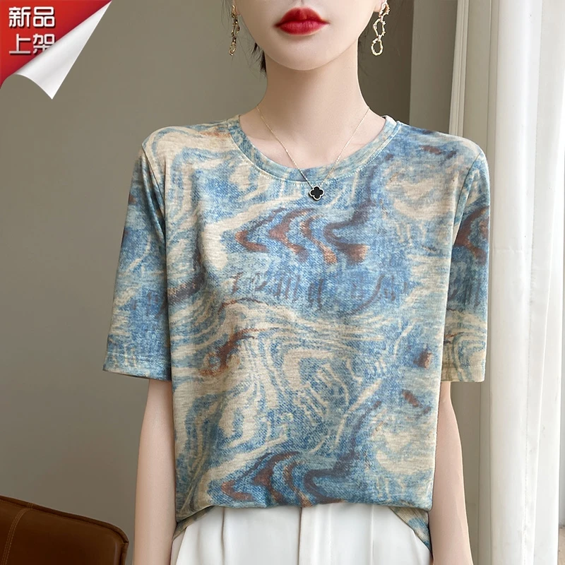 哥弟阿玛施正品2025夏季薄款印花短袖T恤女国风洋气宽松显瘦上衣