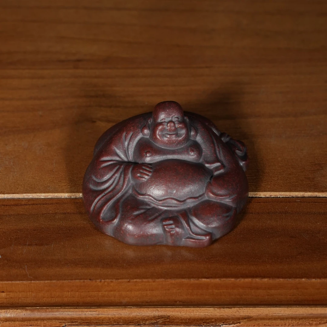 宜兴原矿高温石红雕塑弥勒佛紫砂手工茶宠茶玩茶道摆件