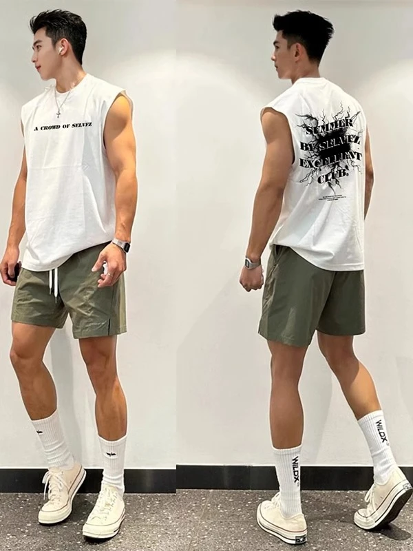 美式潮牌个性闪电涂鸦字母背心男款夏季休闲宽松纯棉重磅无袖上衣