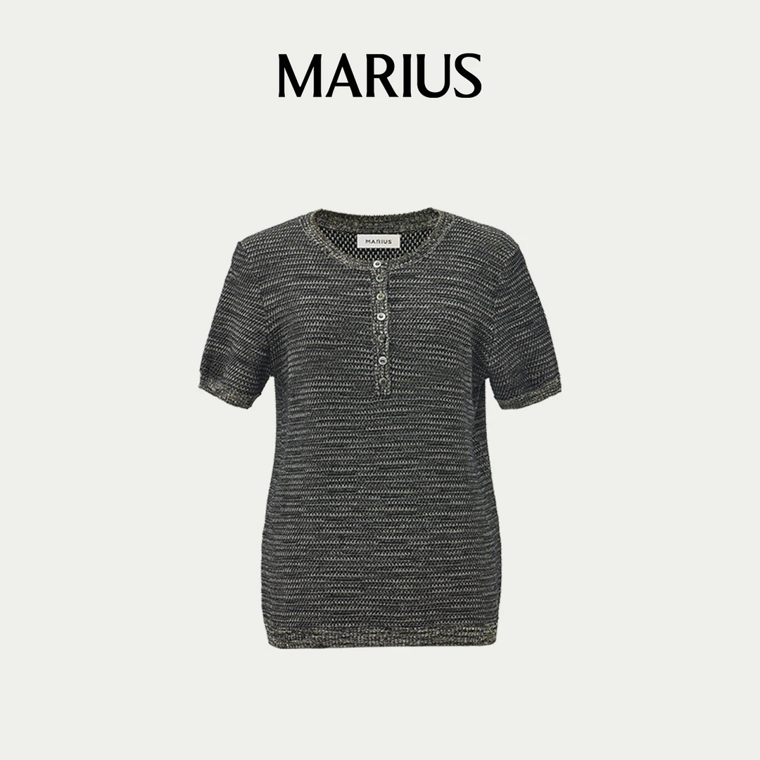 MARIUS"小菠萝"短袖气质绞花时尚港风段染肌理亨利领针织套衫