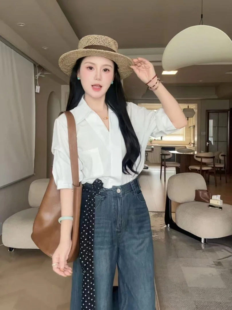 【法式3D落肩袖衬衫 】休闲衬衣轻职风夏季V领复古百搭小众25101