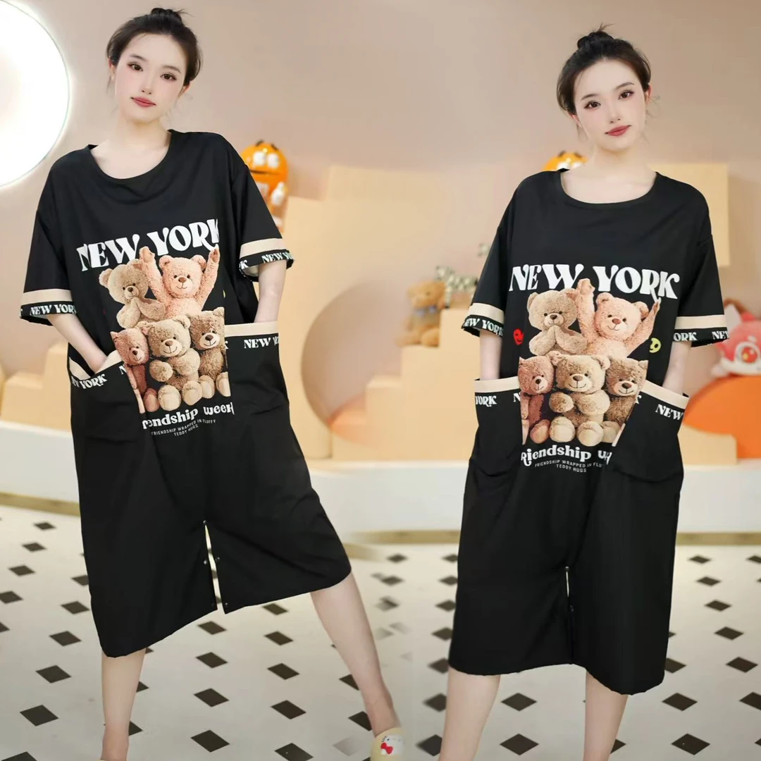 一裙两穿中长款睡裙简约时尚圆领设计宽松舒适家居服女士夏季薄款