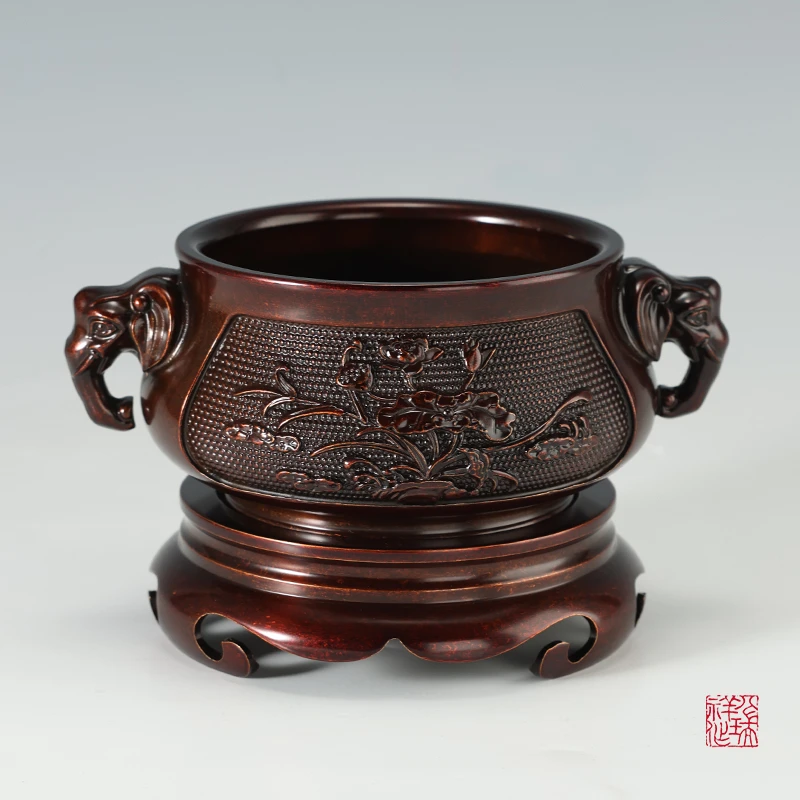 八瑞祥黄铜香炉【象耳荷花套炉】仿古佛堂家用室内茶道禅意炉摆件