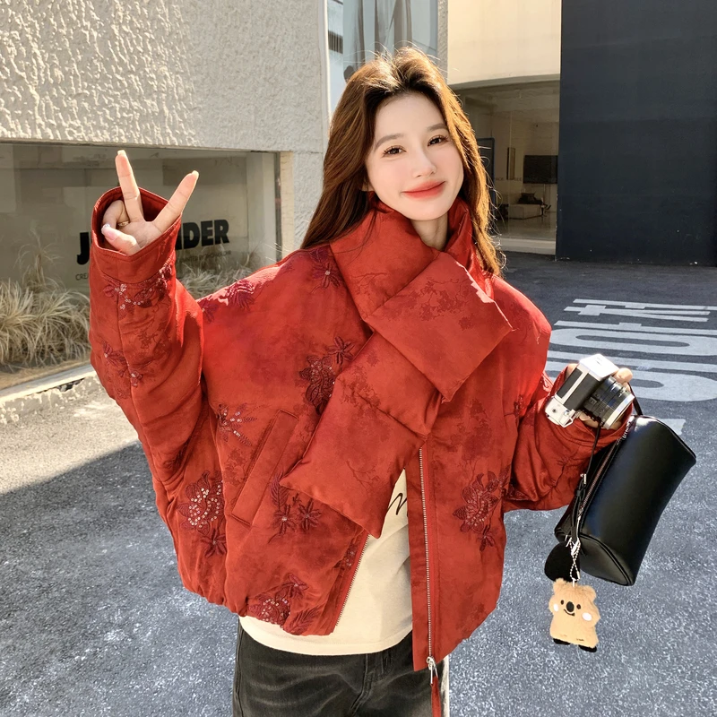新年礼物加厚宽松复古红色棉服2025冬季刺绣民族风短款棉衣外套女
