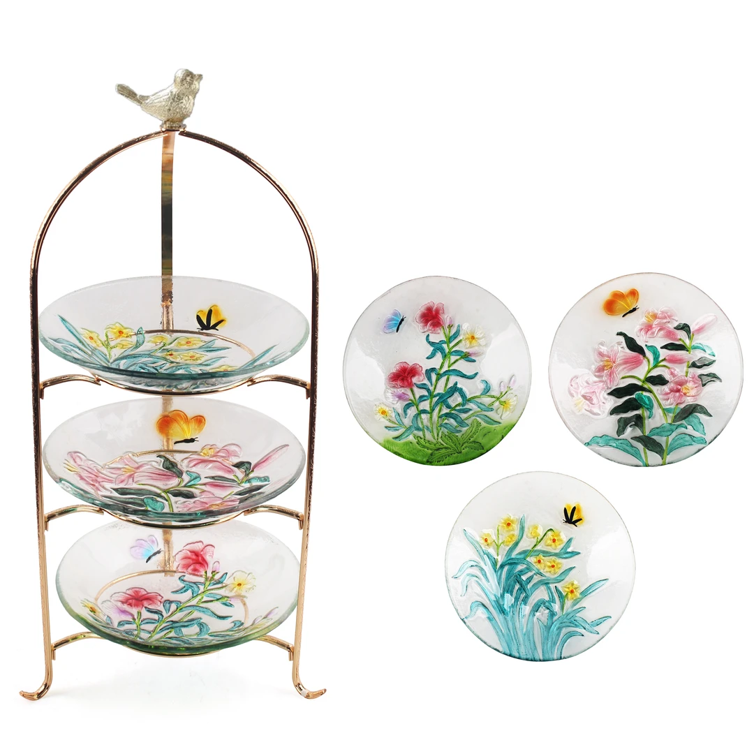 三层琉璃植物花卉果盘点心盘小金鸟装饰架（一个金属架+3个琉璃盘）