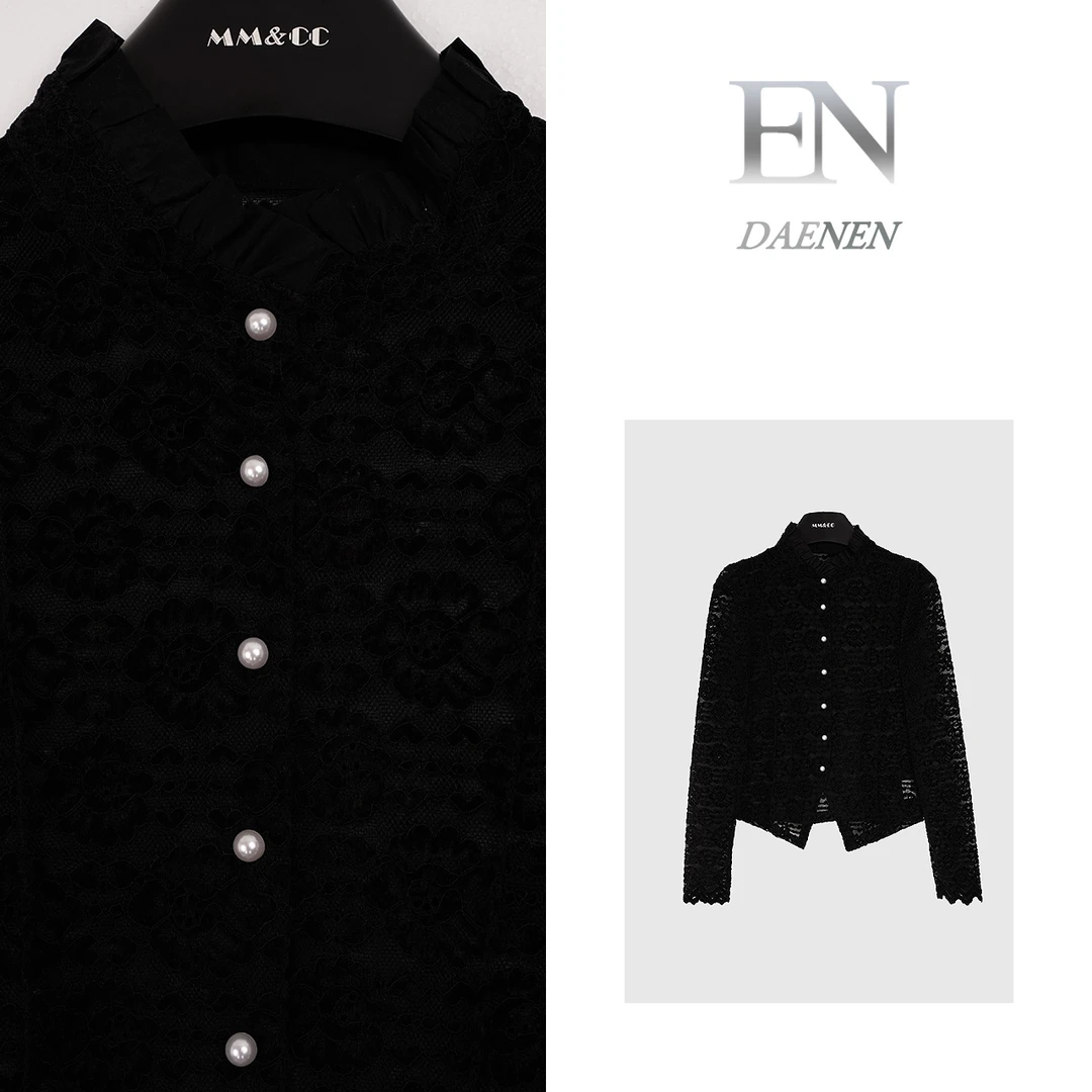 【暗香】新款气质蕾丝拼接立领木耳边长袖衬衫洋气上衣F9020