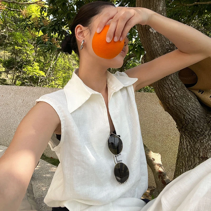 PURITYYH小众简约白色气质时尚无袖polo领背心通勤高级感V领上衣