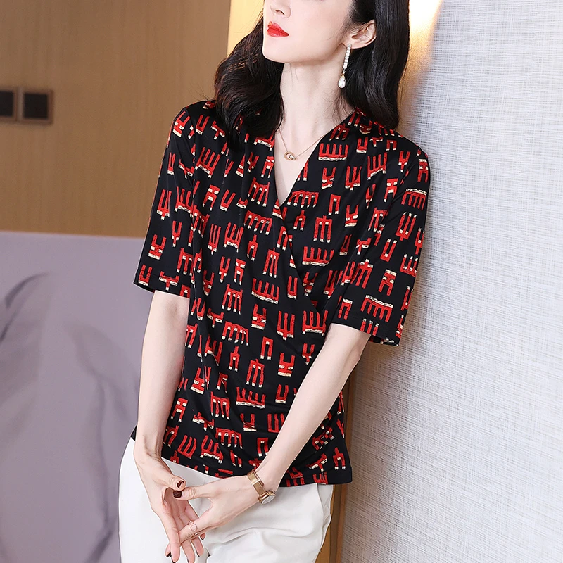 桑蚕丝短袖T恤女真丝针织交叉V领印花半袖气质显瘦五分袖3040