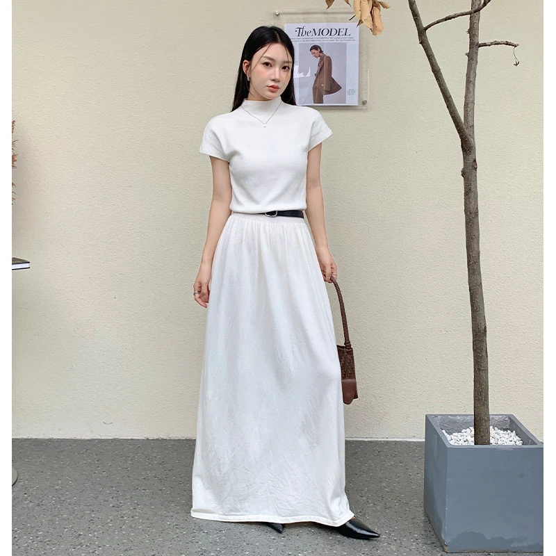 实拍半高领短袖针织连衣裙秋冬法式气质收腰a字长打底毛衣裙