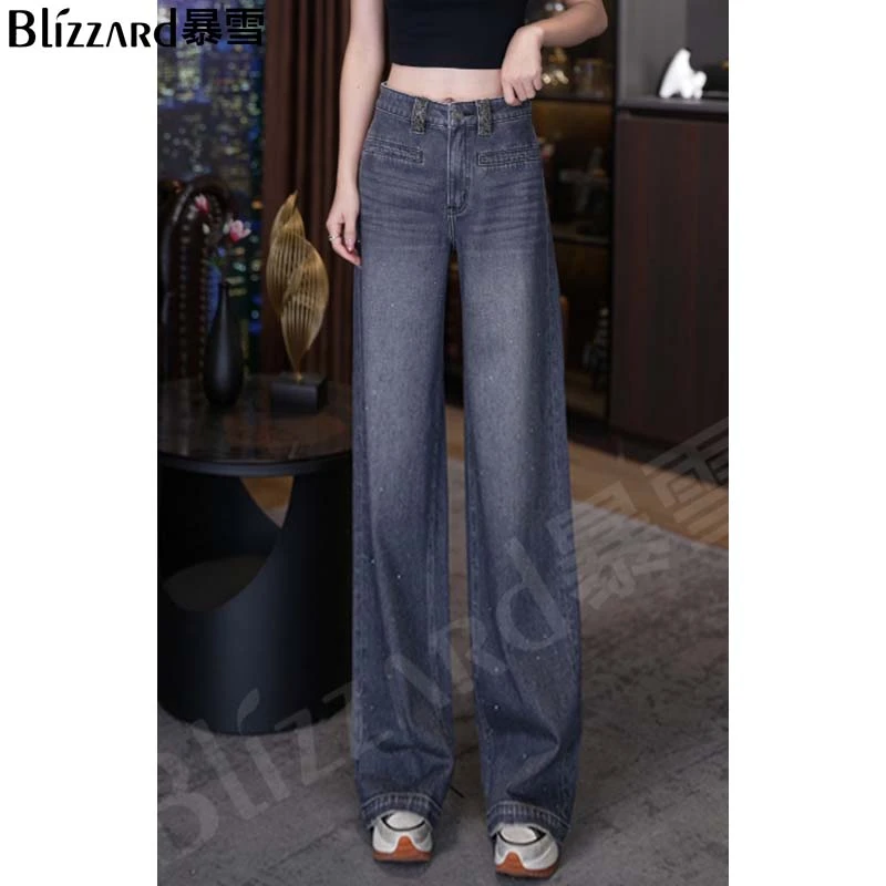 【冰川银灰】滴星牛仔裤女 重工烫钻~高腰宽松显瘦阔腿裤女