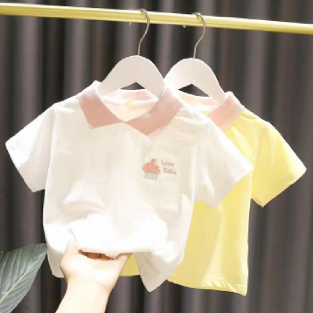 夏季女童印花纯棉吸汗透气短袖polo衫翻领中小童儿童可爱百搭女孩