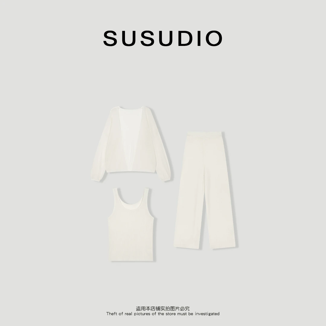 SUSUDIO 亚麻莱赛尔时尚针织吊带+开衫+裤子慵懒三件套 30048