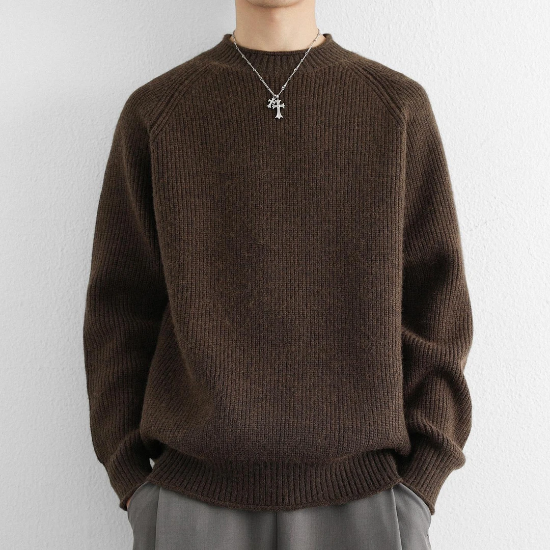 重磅美式插肩袖毛衣男秋冬季套头纯色加厚卷边针织衫内搭打底衫男