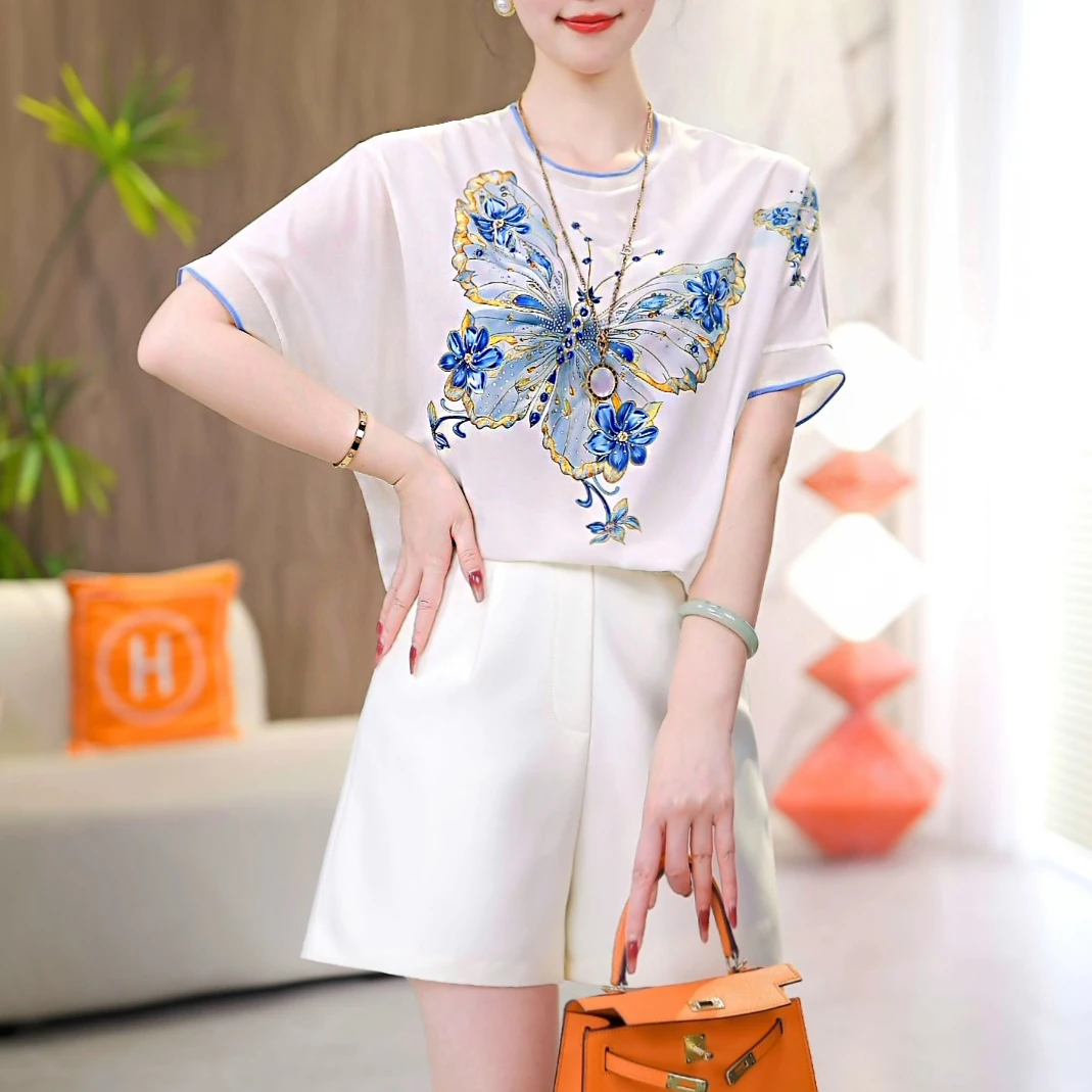 现货【流彩蝶影】2025夏款新款百搭时尚显瘦宽松减龄短袖洋气上衣女