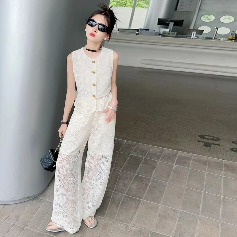 女童夏季套装2025新款洋气时髦中大童夏装网红炸街镂空马甲阔腿裤