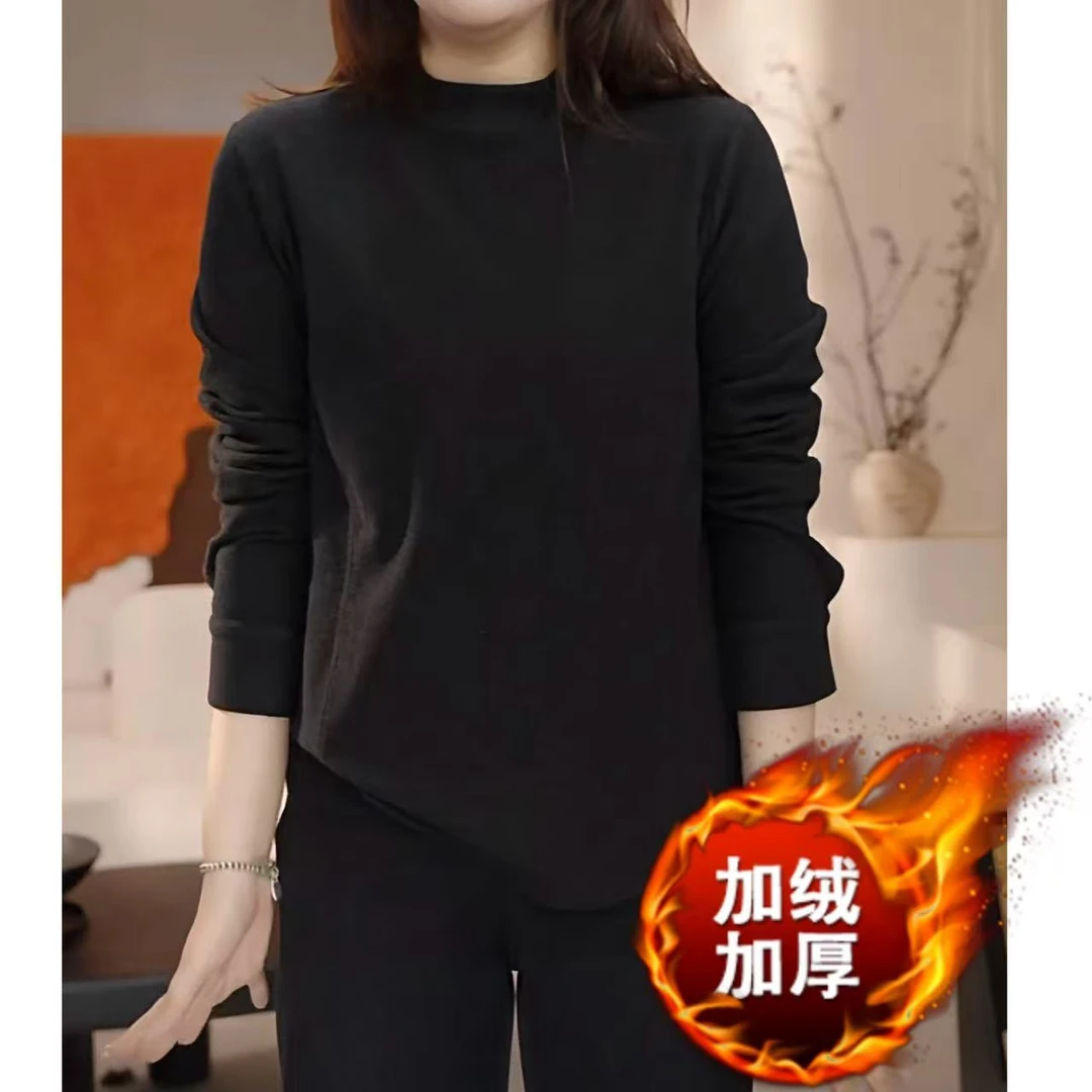 2025冬季新款云朵小暖炉韩版时尚气质休闲纯色圆领打底衫通勤上衣