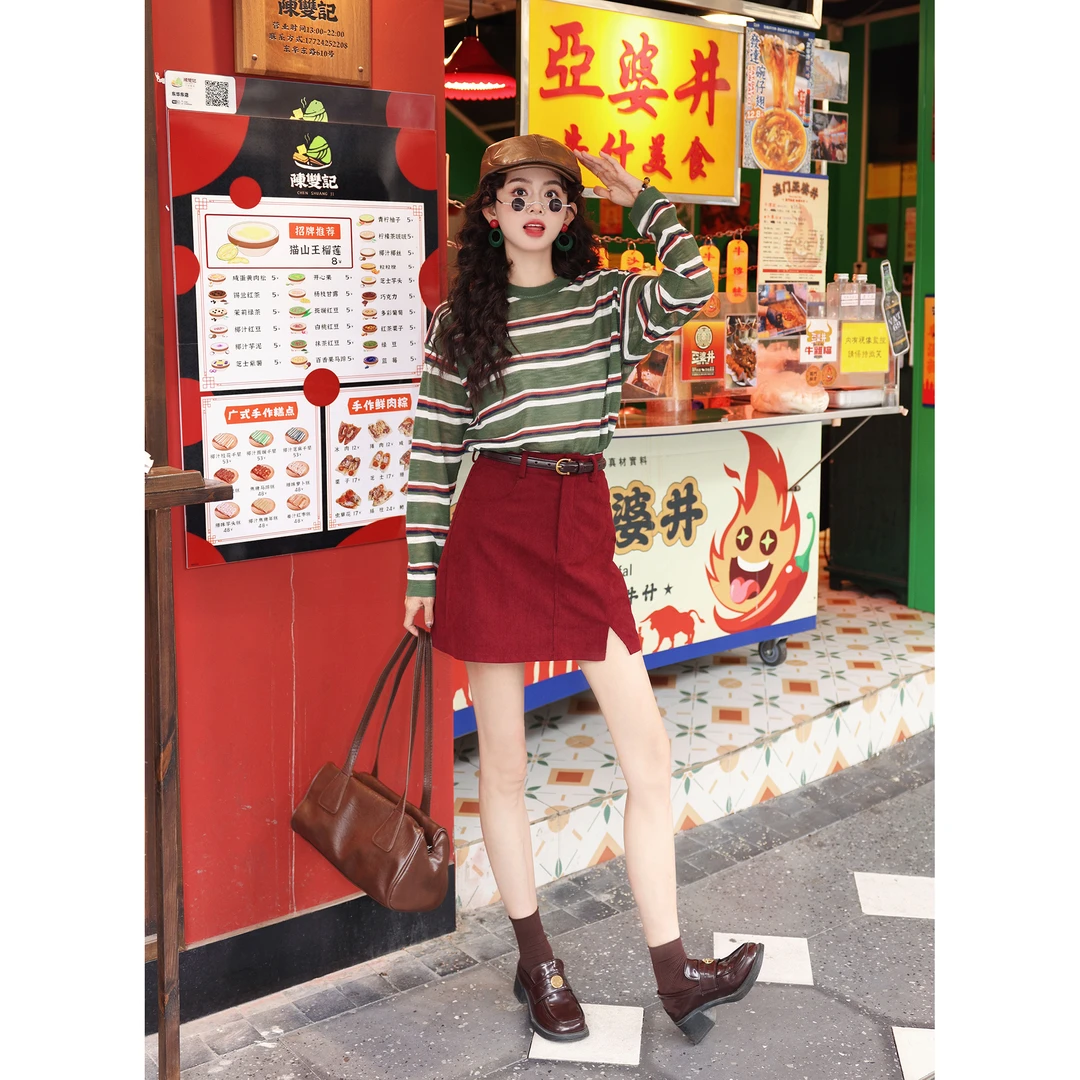 陈大器【夏日樱桃】酒红色显瘦半身裙休闲时尚女高腰短裙JE0425514