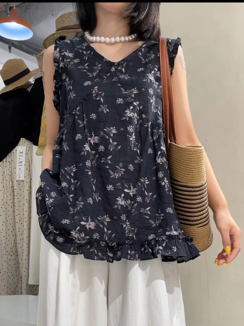 韩系木耳边印花无袖衬衫背心女2025夏季新款设计感通勤百搭T恤