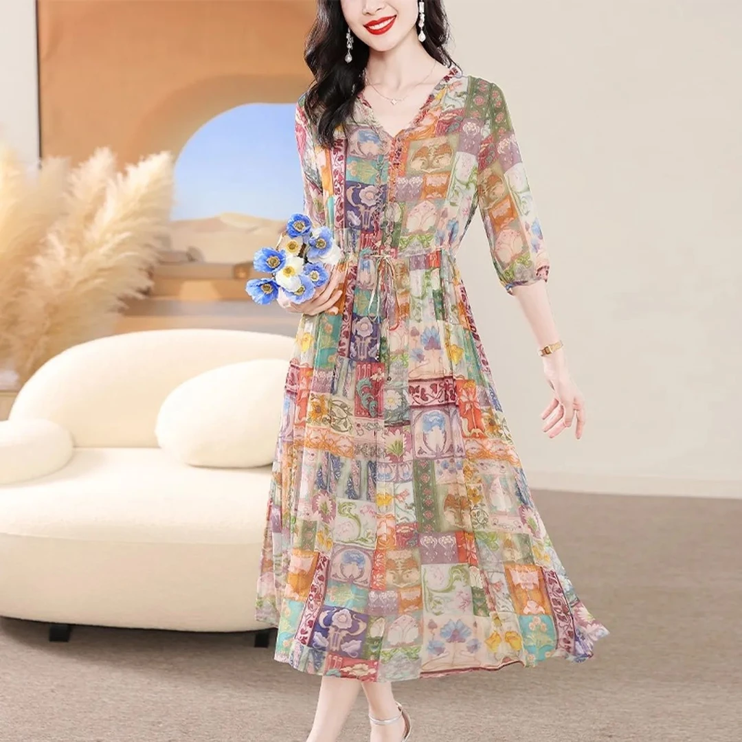 【人收藏】法式气质贵夫人真丝印花连衣裙夏新款显瘦遮肚