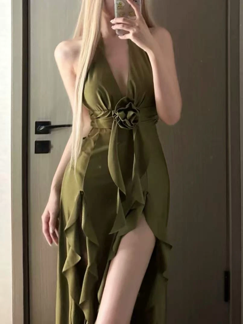 欧美ins性感辣妹挂脖连衣裙女夏修身显瘦气质长裙带胸垫分体泳衣