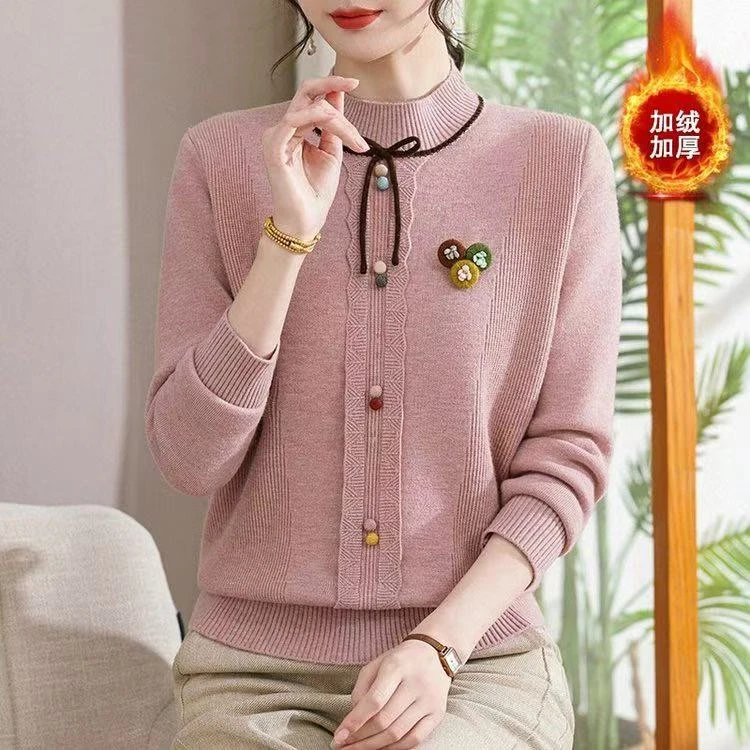 2025新款时尚妈妈装针织长袖洋气好看减龄打底加绒加厚保暖女遮肉
