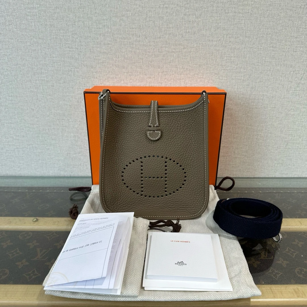 99新 Hermes/爱马仕 大象灰金扣伊芙琳mini单肩斜挎包 11324