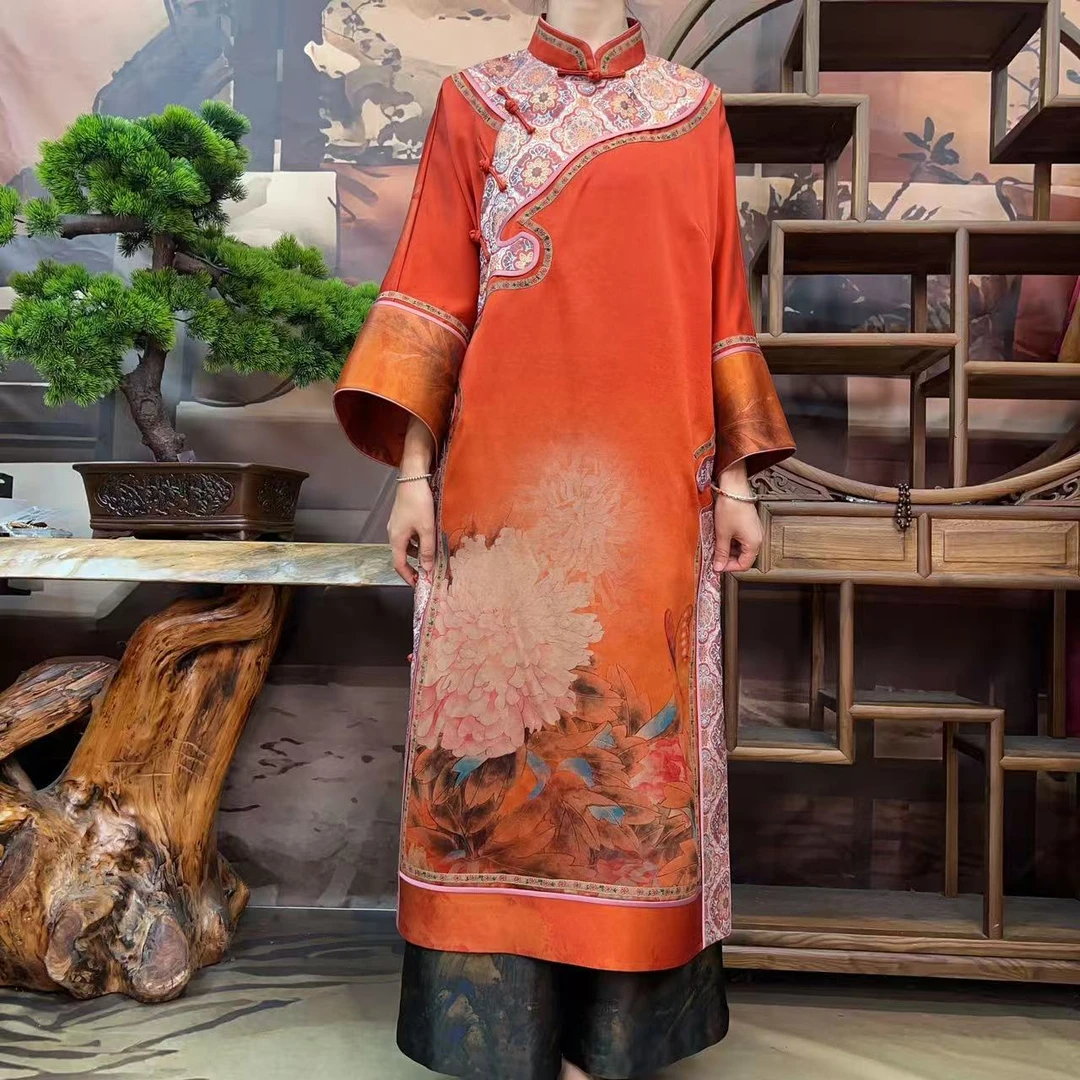 70姆米橘红色牡丹花如意拼接宋锦袍子100桑蚕丝款香云纱