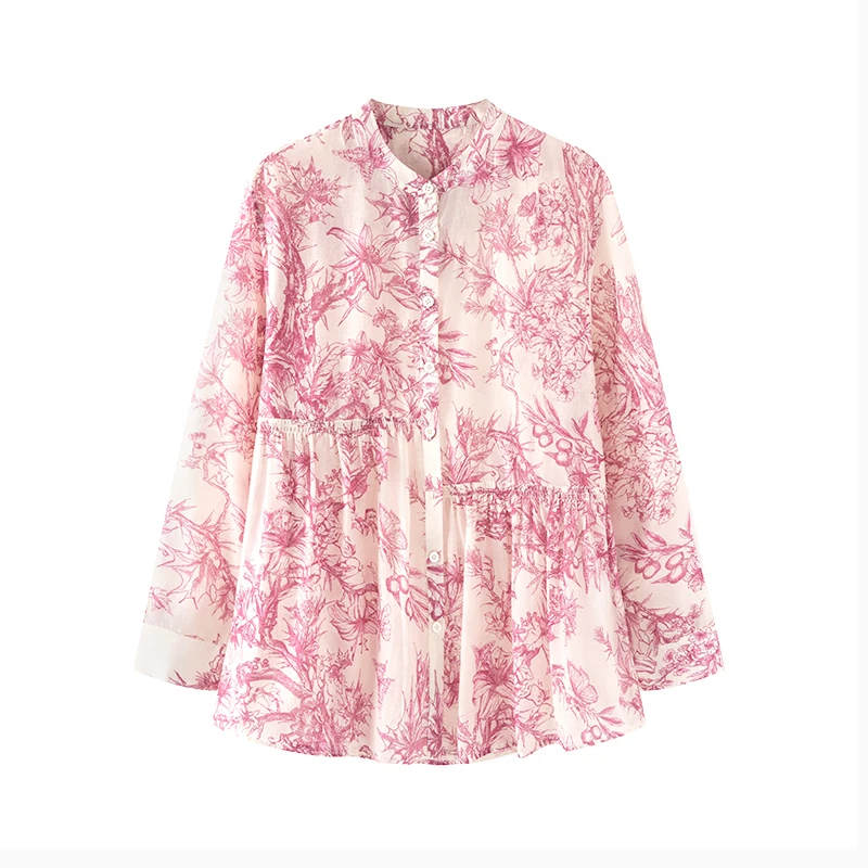 桑蚕丝棉圆领初荷粉印花长袖衬衫 CYC54099C