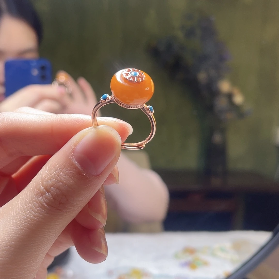 蜜蜡银S925镶嵌裸石戒指