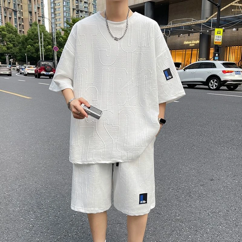 提花大码短袖套装男夏季休闲宽松百搭时尚潮流半袖t恤短裤两件套