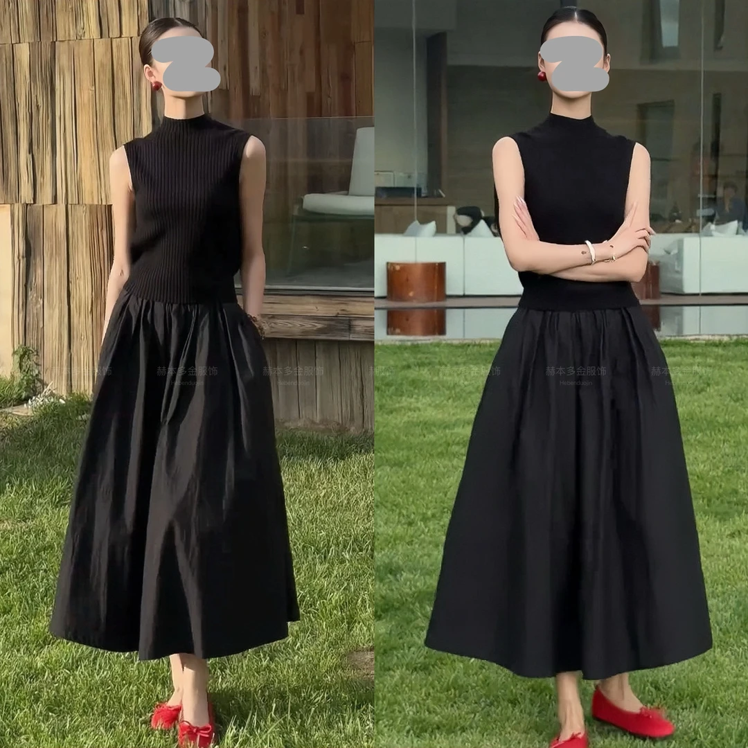 2025夏季新款竖条纹纯欲慵懒风气质坎肩袖上衣纯色百搭半身裙套装