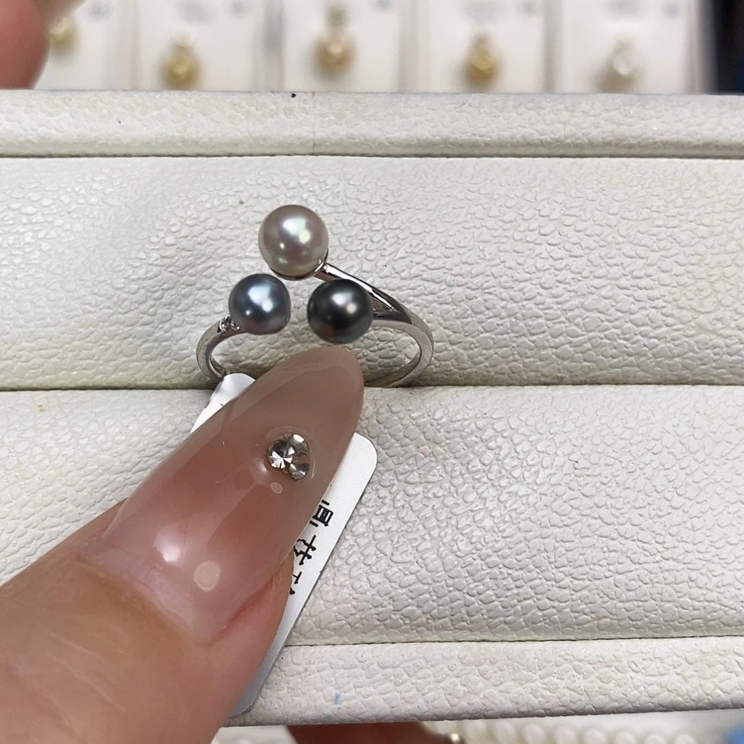 银S925镶嵌戒指海水珍珠4-6