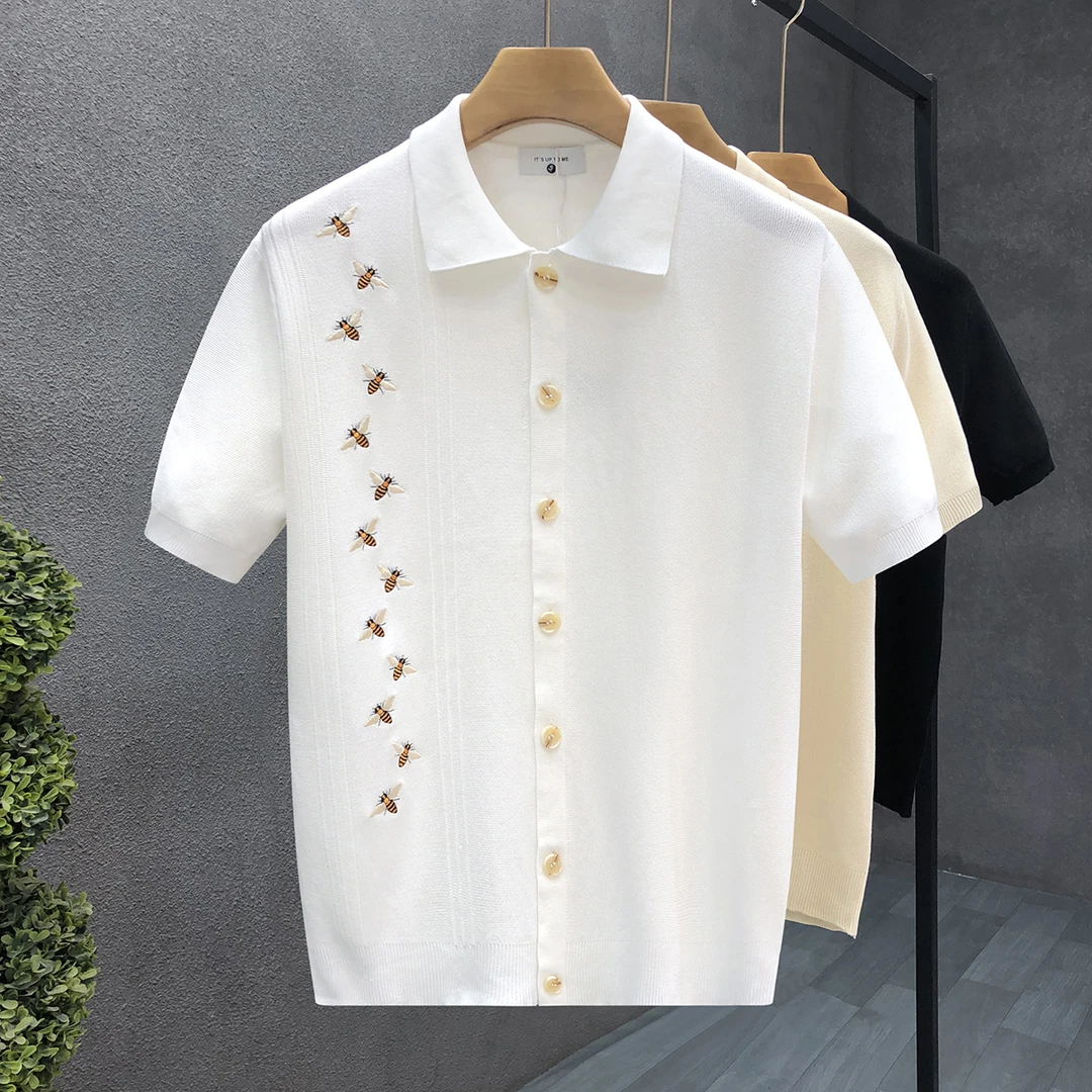 轻熟风开衫短袖毛衣男薄款刺绣半袖针织衫t恤2025春夏季新款上衣