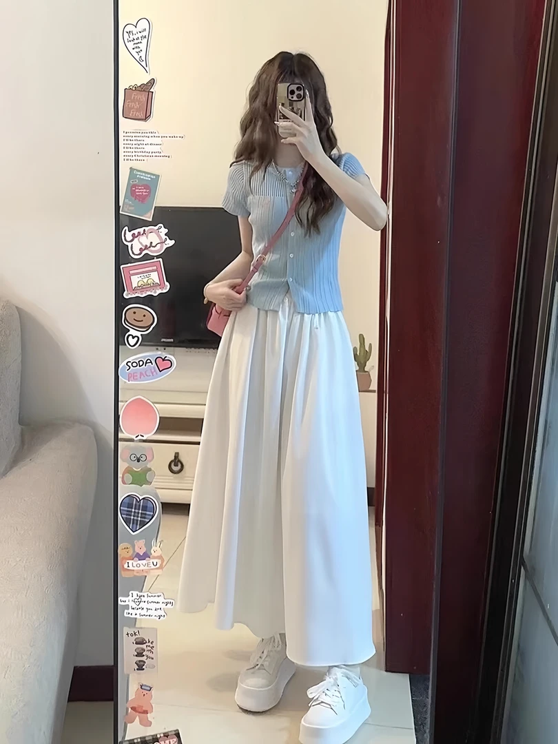夏季女装套装2025新款蓝色正肩针织短袖t恤上衣休闲百搭半身裙子