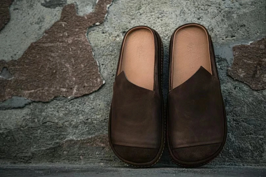 疯子張 原创新款手工做旧软皮懒人一脚蹬鞋拖#3205